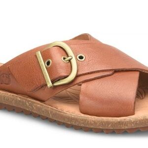 BORN Rio Women’s Size 7 Sandals Cognac Brown Leather Criss Cross Slides Shoes
